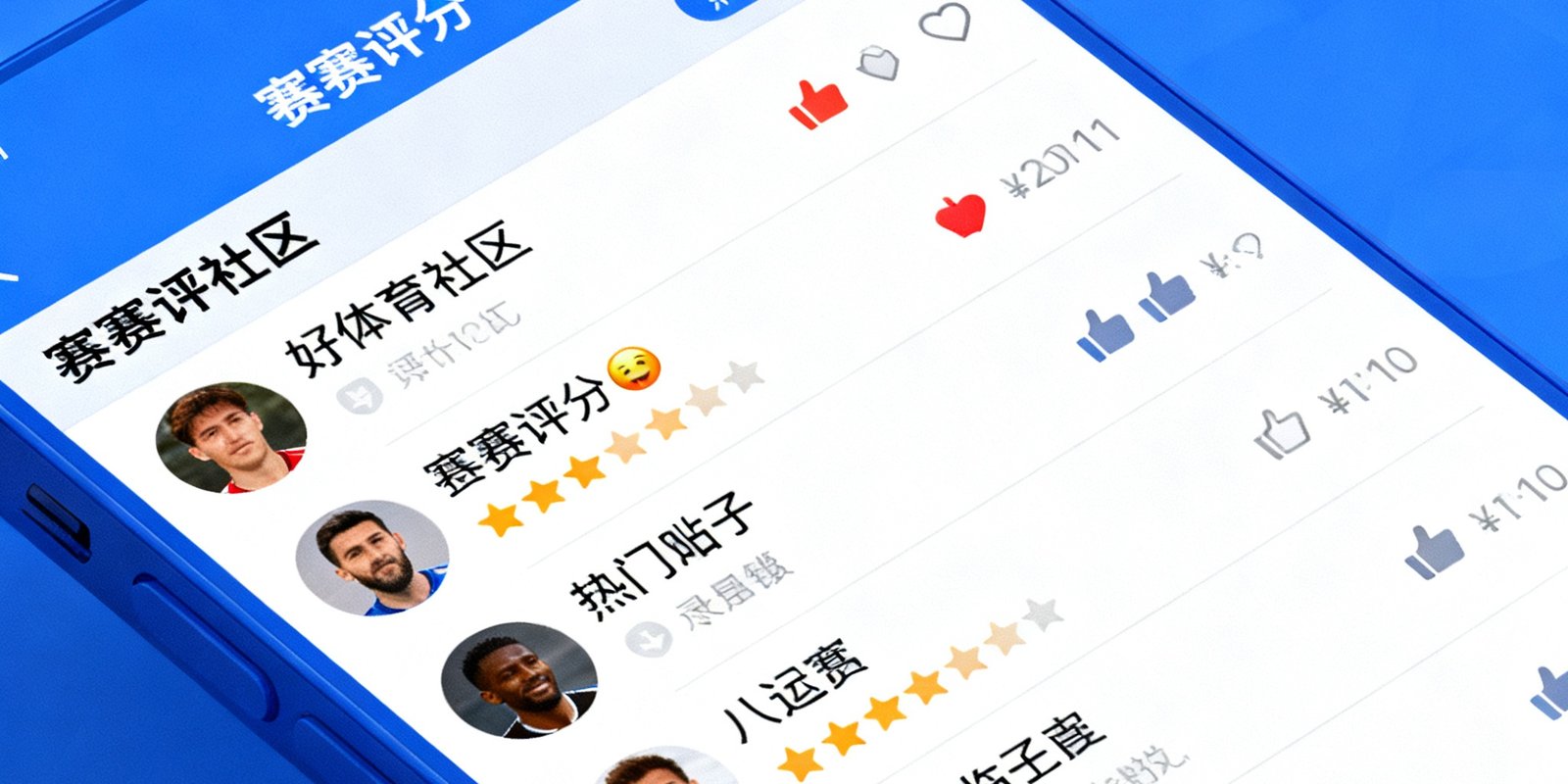 好体育社区页面的移动端截图，显示着赛后评分区的热门帖子列表，每条帖子都有点赞数和回复数，用户头像多样，讨论氛围活跃。